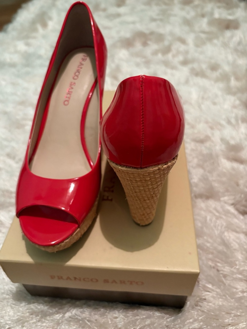 Franco Sarto Red Patent Peep-Toe Wedge Pumps with Woven Heel